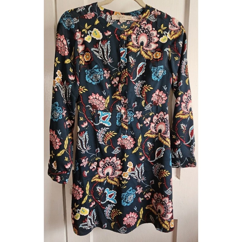 LOFT long sleeve 1/2 button down dress floral unlined long sleeve Sz 00Petites